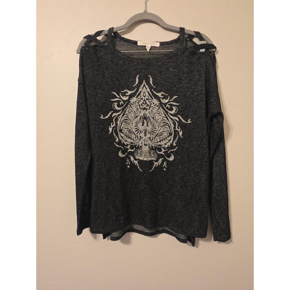 Y2K Aeropostale Sheer Goth Grunge Cold Shoulder Top XS Black Tribal Graphic